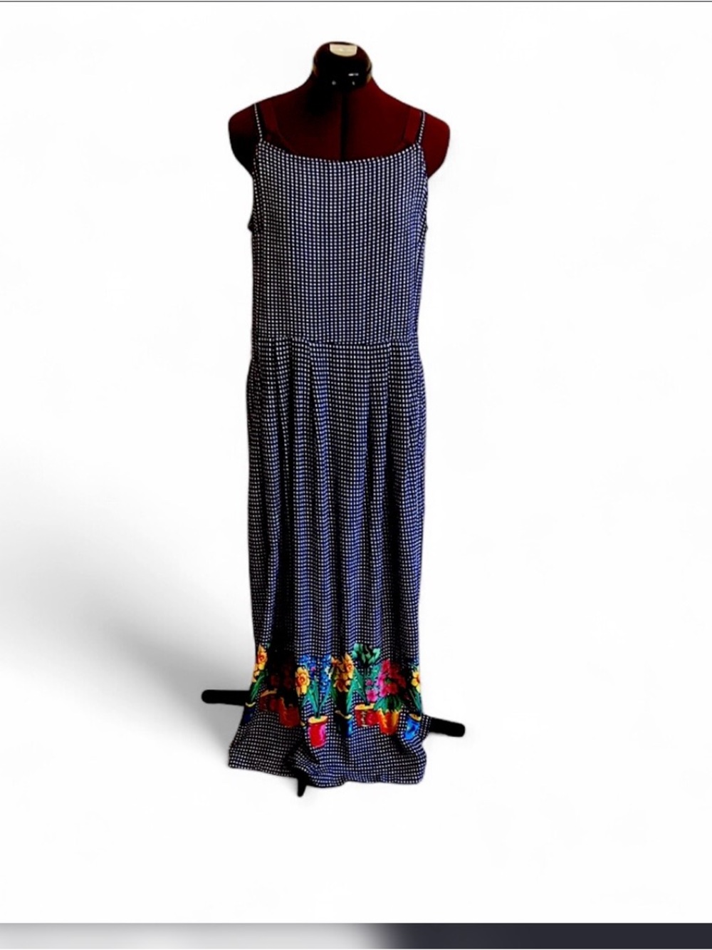 Blue/White Gingham Maxi dress  Floral Hem  
With Pockets Cottagecore Size Small